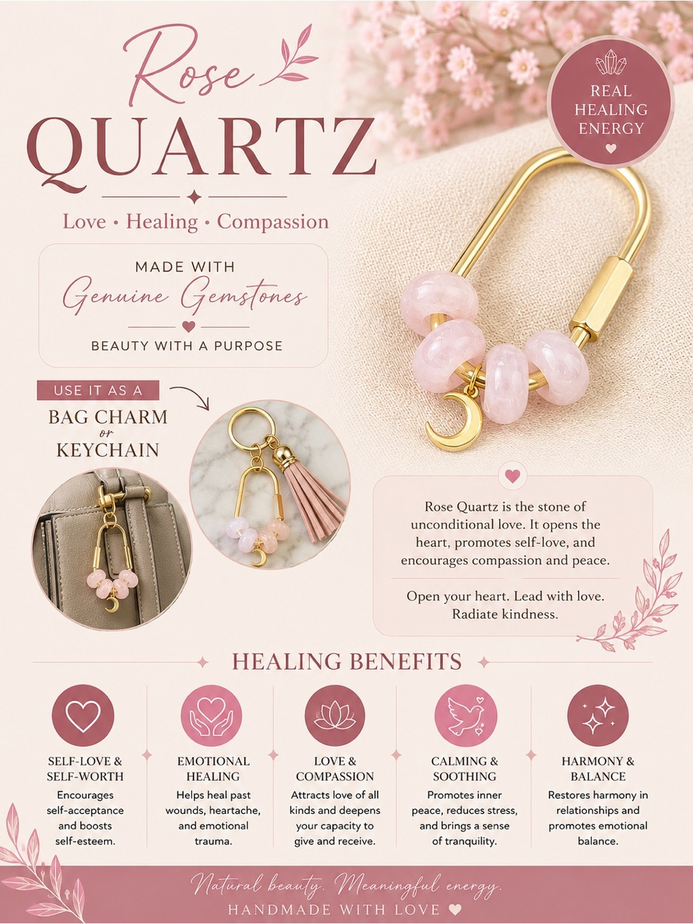 Rose Quartz Gemstone Bag Charm Keychain